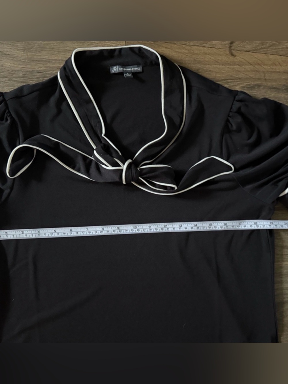 Adrianna Papell Black Tie-Neck Blouse with White Piping Size Small - Picture 2 of 5